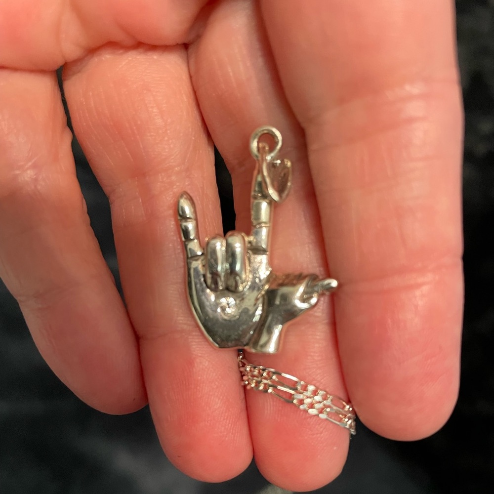 Silver Colored Sign Language "I Love You" Necklace w/Silver Adult & Child Hand